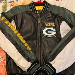 Green Bay Packers Leather Bomber Jacket - Black, Green, White